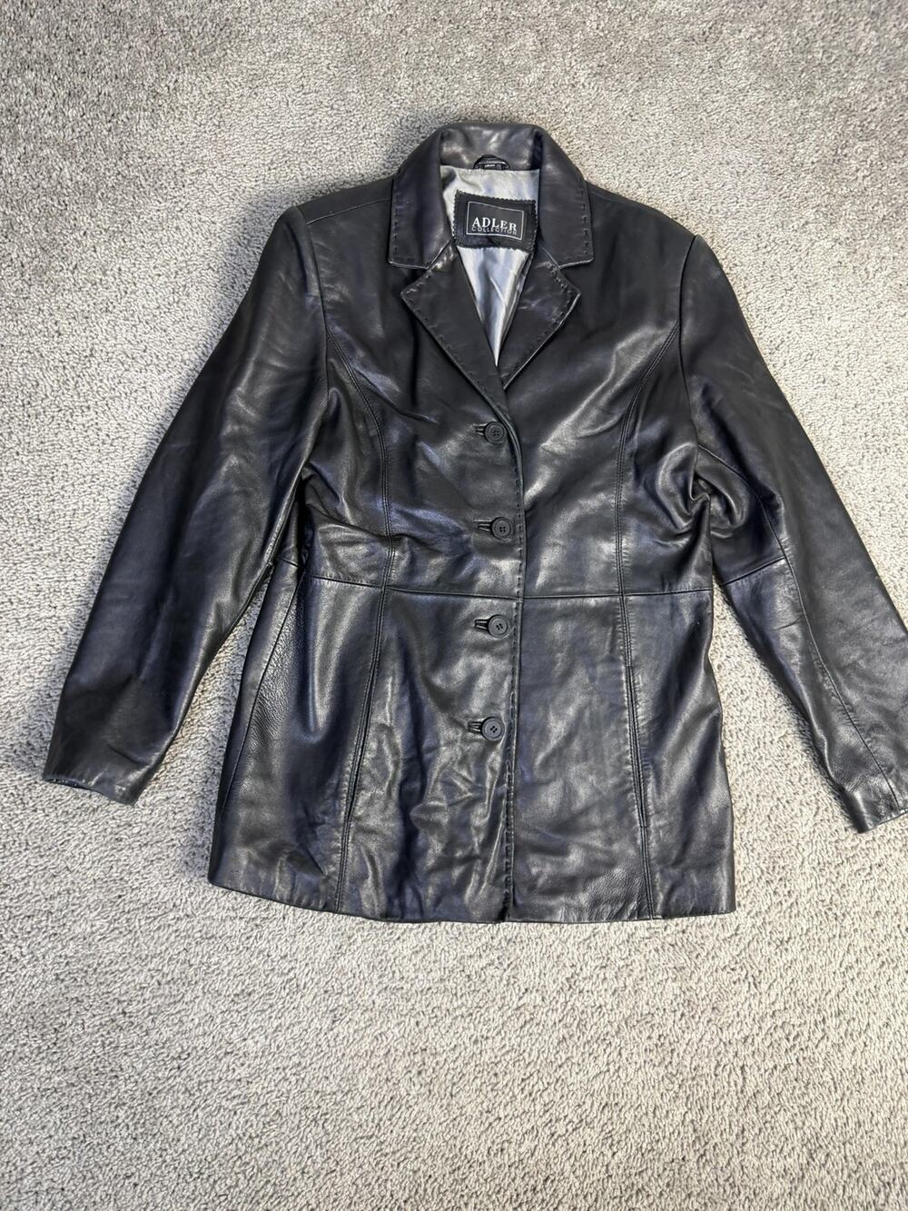 ADLER COLLECTION Jacket Womens M Black Leather Blazer Lined Pockets Collared